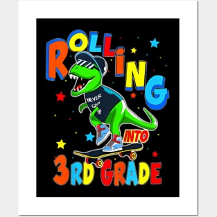 Kids Rolling Third Grade Dinosaur T Rex Back To School Posters and Art